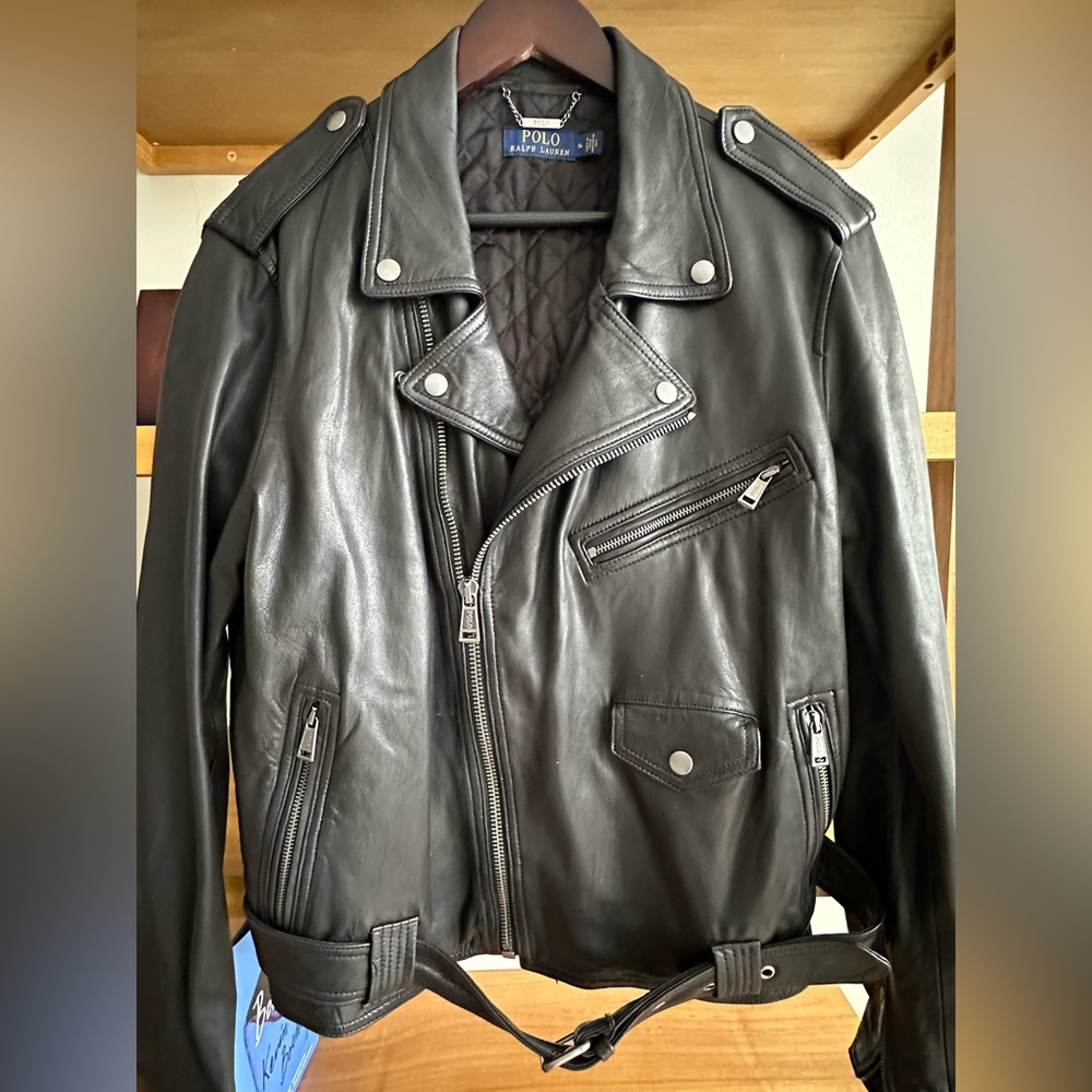 Polo Ralph Lauren Black Leather Biker Jacket - 100% Sheep Leather - size L - Picture 3 of 9